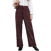 Rasutina Women Plaid Dress Pants High Waisted Wide Leg Pants Fleece Pants for Women Stretchy Fall Trousers