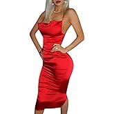 JUMISEE Women Neon Satin Sexy Bodycon Elegant Backless Long Midi Dress for Cocktail Party Clubwear