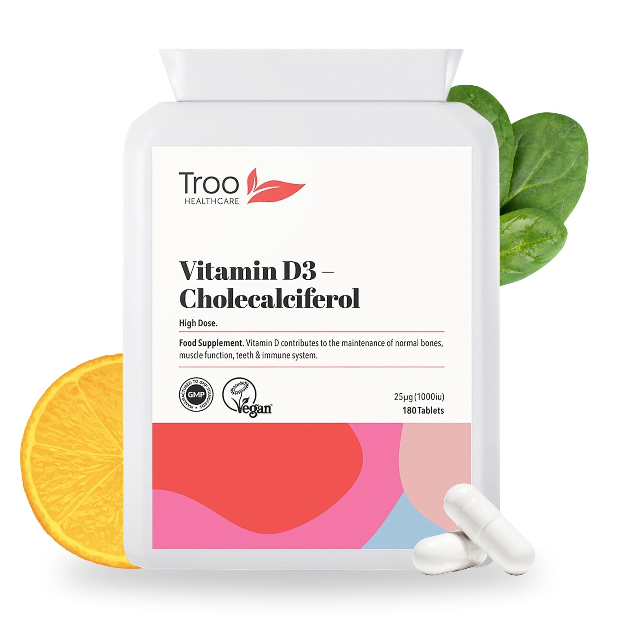 Troo Health Care Vitamin D3 25µg 1000iu Supplement - 180 High Strength Vegan VIT D Tablets - Daily Cholecalciferol Supplement - Immune System Support Vitamins - UK Manufactured
