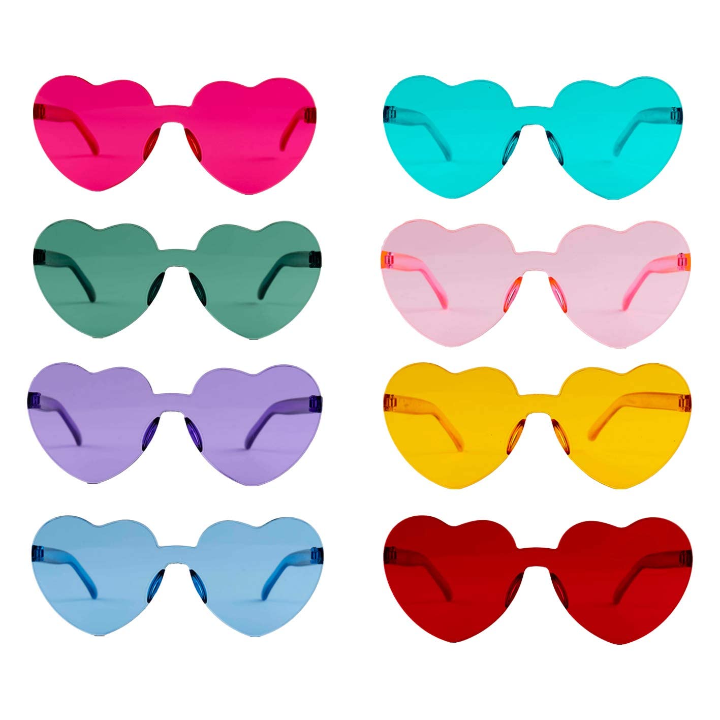 RunFar shop 8pcs Heart Shaped Sunglasses Rimless Hippie Glasses One Piece Retro Clear Lens Candy Color Eyewear for Women Girls Fancy Dress up,Party,Cosplay