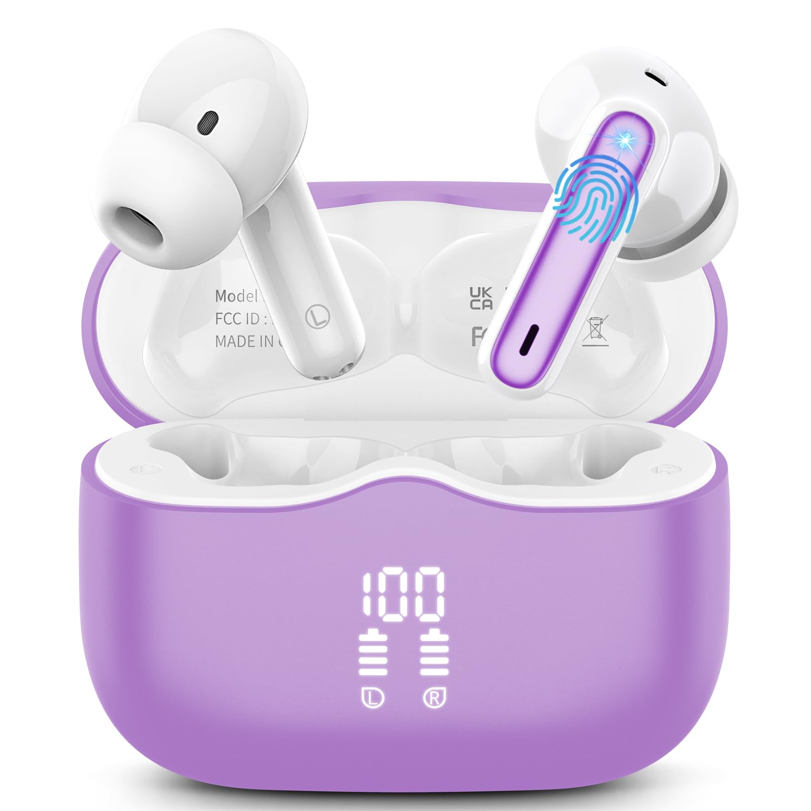 Wireless Earbuds, Bluetooth 5.4 Headphones in Ear with HiFi Stereo Deep Bass, 4 ENC Noise Cancelling Mic Wireless Earphones 40H Playtime, Bluetooth Earbuds Dual LED Display, IP7 Waterproof, Purple