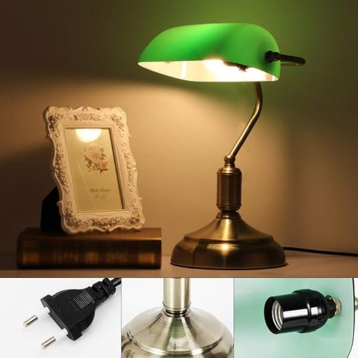 Oukaning Lampada Da Tavolo Con Finitura In Ottone Anticato E Paralume Verde