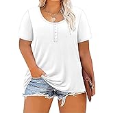 ForHailey Women's Plus Size Shirt Short Sleeve Button Round Neck Top Basic Ladies Loose Fit T Shirt