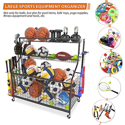 Gadroad Garage Sports Equipment Organizer, Ball Storage Rack, Sports Gear Storage, Garage Ball Storage, Garage Organizer with Baskets and Hooks, Rolling Sports Ball Storage Cart, Black