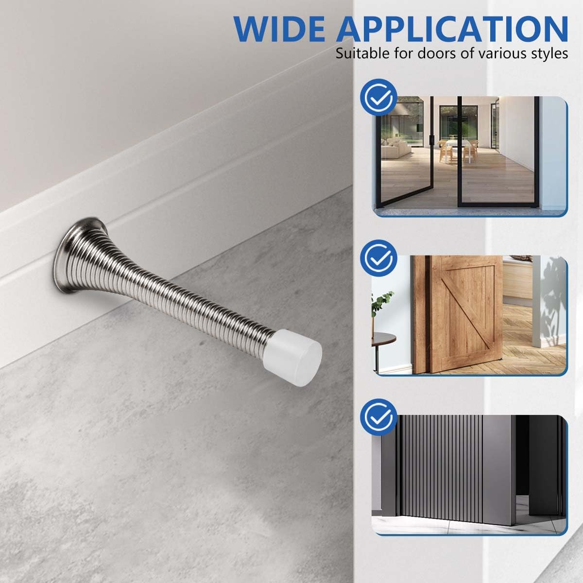 12-Pack Spring Door Stops – 3 1/4" Flexible Heavy Duty Stainless Steel With Rustproof Screws, Rubber Tips (Satin Nickel)