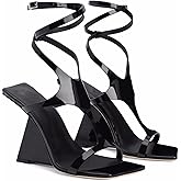 Vujkliy Women Sexy Open Toe Ankle Strap Square Toe Patent Leather Wedge Sandals Plus Size Party Catwalk Dance Shoes