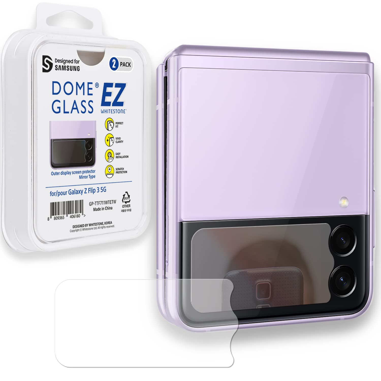 Whitestone 2PACK EZ GLASS Screen Protector for Galaxy Z Flip 3 2021, Mirror Type Tempered Glass Shield [Easy Install] - Two Pack