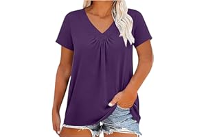 Plus Size Tops for Women Dressy Casual Pleated Short Sleeve V Neck T Shirts Summer Soft Flowy LooseTunic Blouses