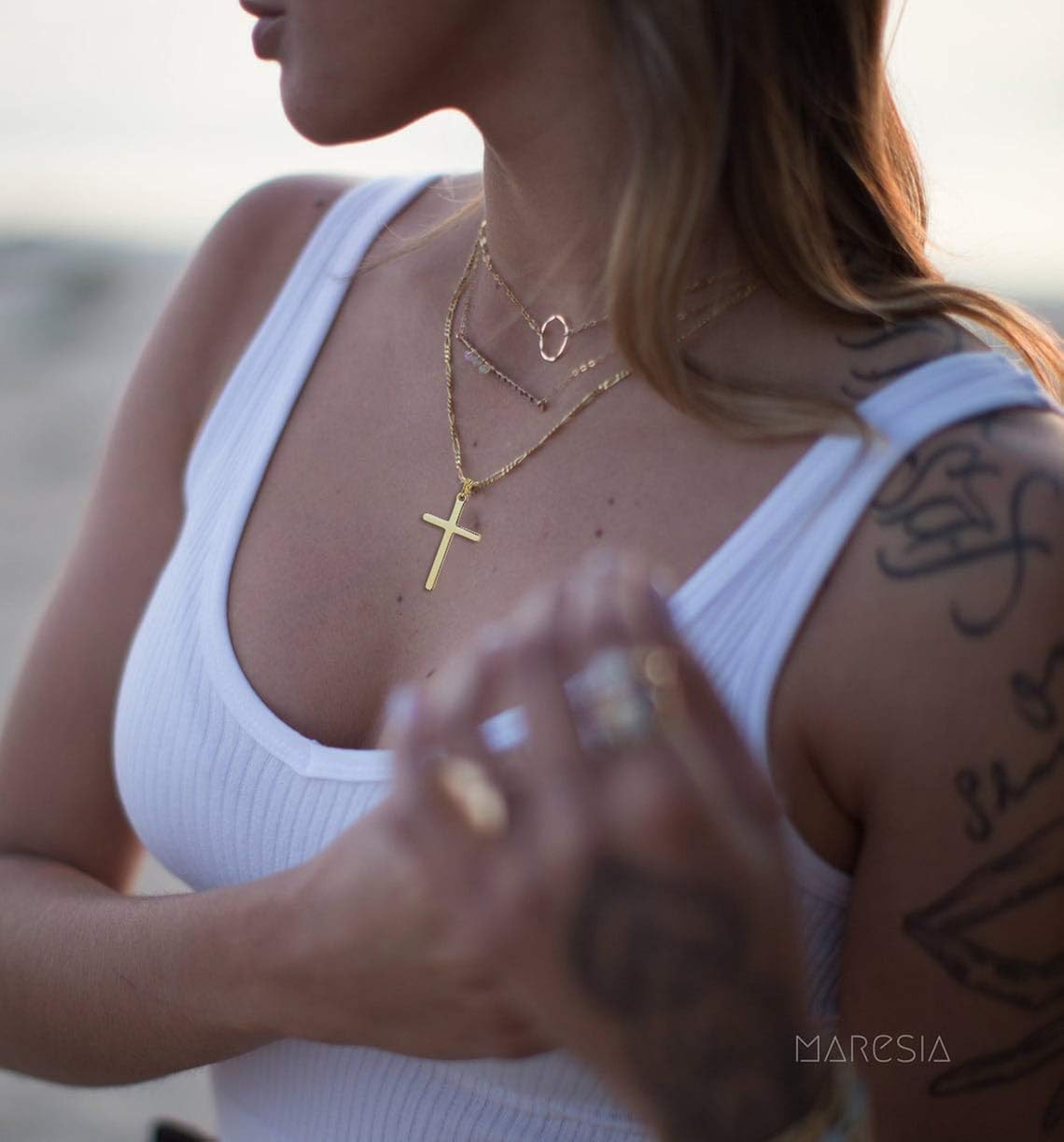 TASBERN 14K Gold Filled Cross Necklace for Men Stainless Steel Polished Plain Cross Pendant Necklace Simple Faith Jewelry Gift for Son Boy 18" | 