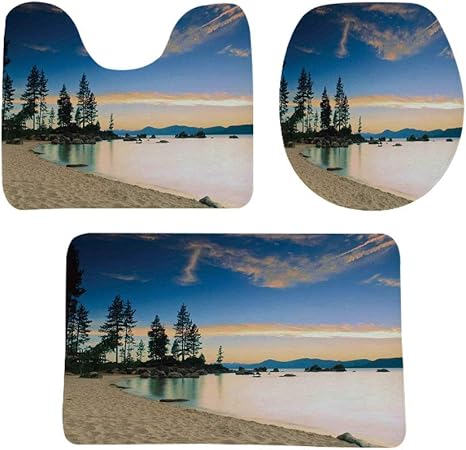 Amazon Co Jp 湖の家の装飾 玄関マット 便器の装飾 バスマット トイレマット 3点セット パラダイスビーチと日の出後の川沿いの木々の写真ロマンチックな平和の風景 防音 ラグマット 洗える おしゃれ 40 60cm ブルークリーム ホーム キッチン