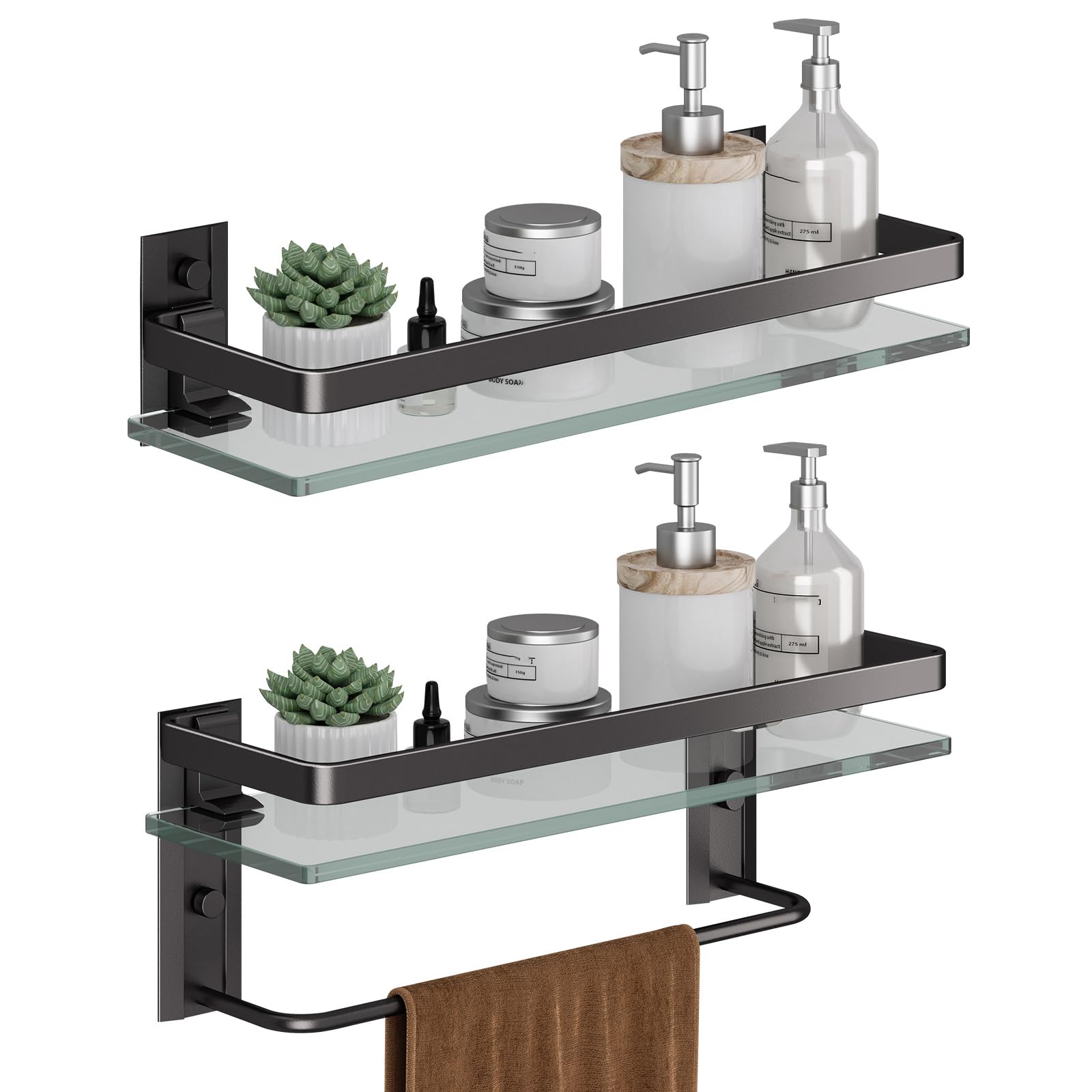 Photo 1 of Danpoo Bathroom Shelves Wall Mounted, Clear Tempered Glass Shelf with Towel Bar, Hand Towel Holder(Matte Black)