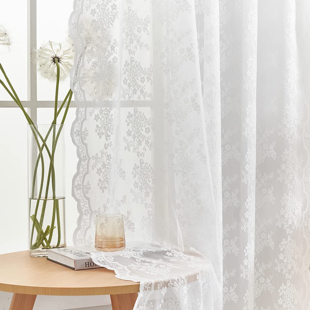 YJ YANJUN White Floral Lace Curtains 72 drop Pair Heavy Voile Net Curtains for Windows Victorian Sheer Curtains 132cm Width x 183cm Drop (52"x 72")