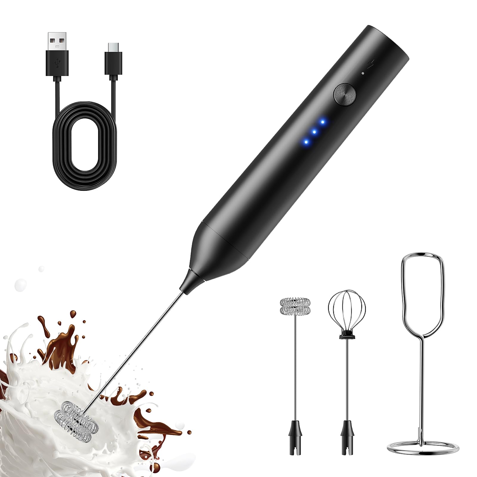 QTDHG Rechargeable Milk Frother with Stand, Electric Frother Wand Handheld Coffee Foam Maker Detachable Stainless Steel Whisk Drink Mixer Foamer for Latte, Cappuccino, Hot Chocolate, Egg (Black)