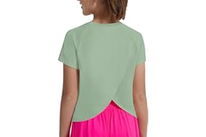 EXARUS Girls Athletic Shirts Short Sleeve Crop Tops/Split Back Quick Dry T Shirt Workout Summer Casual Kids 6-14Y