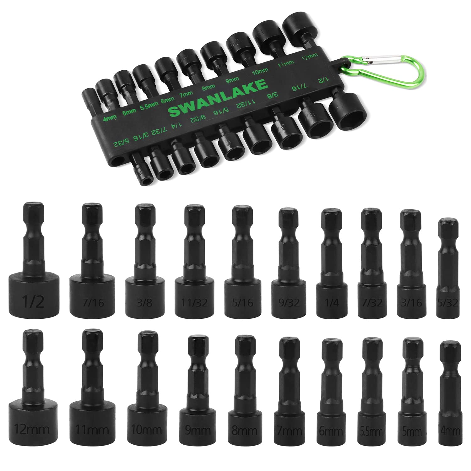 SWANLAKE 20Pcs Power Nut Driver Set for Impact Drill, 4-12mm Hex Shank Quick-Change Nut Driver Socket Bit Set Metric & SAE