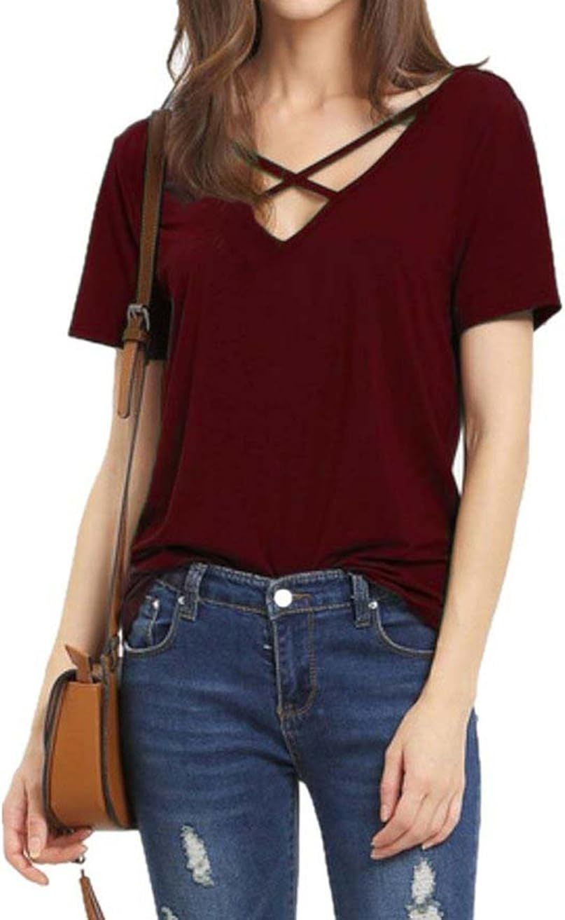Amazon.com: Womens Summer Cross Front Open Back Top Cute V Neck Tees T Shirts for Teen Girls 