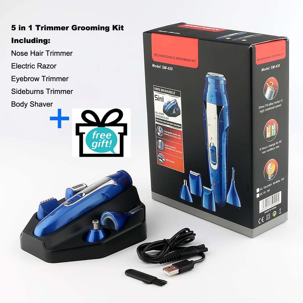 Nose Hair Trimmer,5 in 1 USB Rechargeable Ear Nose Beard Trimmer Electric Razor Shaver Cordless Hair Clippers Eyebrow Trimmer Wet/Dry Waterproof Grooming Kit for Men Women