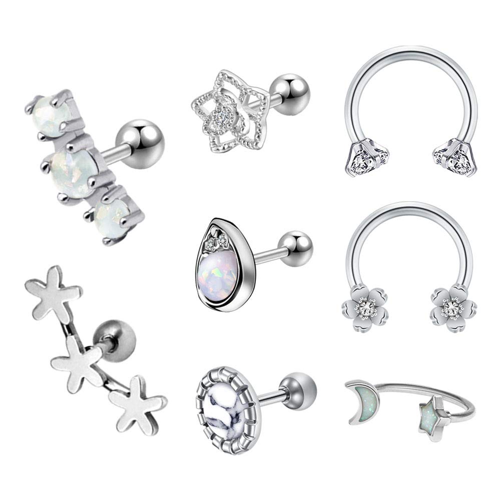 Mayhoop 8 Pcs Tragus Bars Helix Earrings Ear Studs16G Stainless Steel Silver Flower Opal Horseshoe Ring Cartilage Earrings Piercing Jewelry