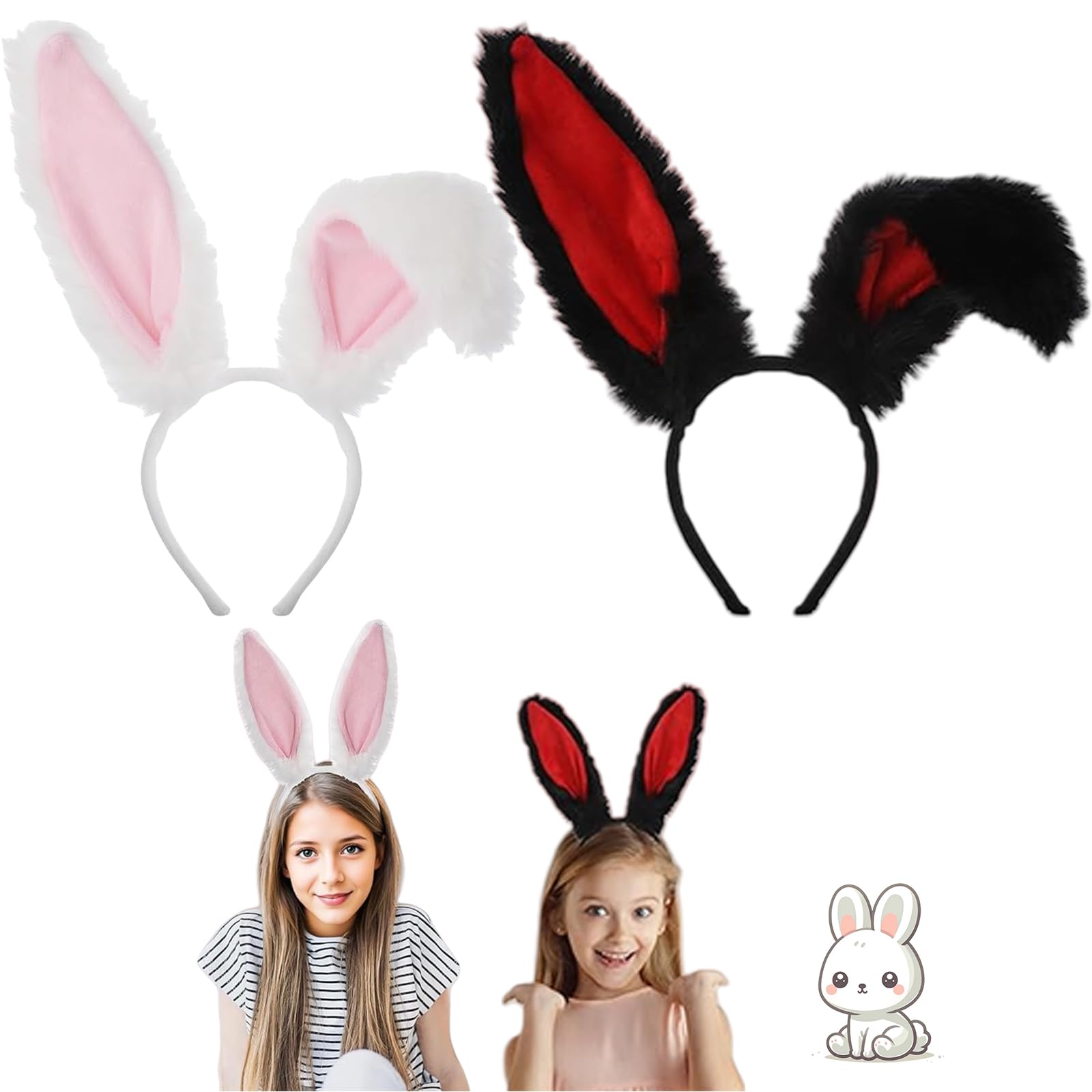 SGFNXB Bunny Ears, 2 Pcs Cute Rabbit Ears Hairband Black Red Bunny Hairband and White Powder Bunny Ears, for Party Carnival Easter