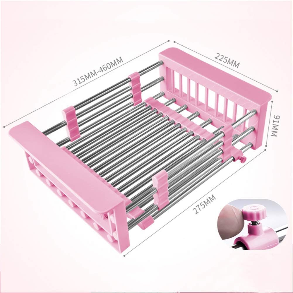 MEVIDA Dish Drying Rack Over Sink,Stainless Steel Dish Drainer with Adjustable Arms Basket Holder Kitchen Sink Organizer for Vegetable and Fruit Pink 31.5-46cm(12-18inch)