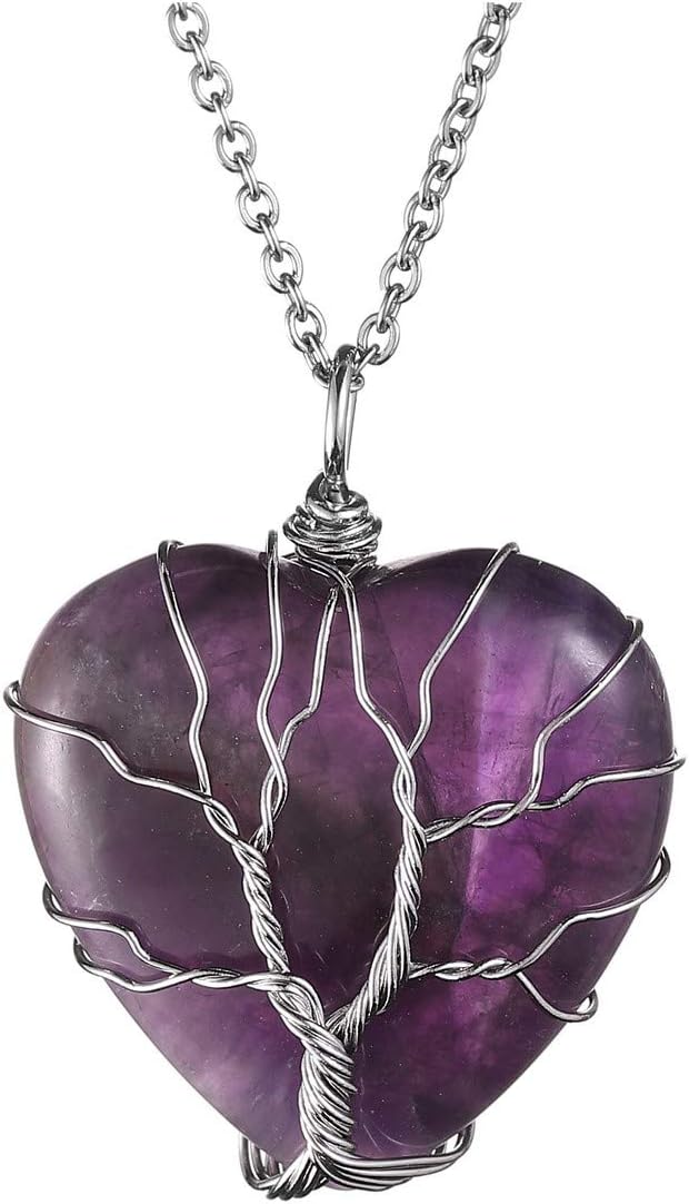 JOVIVI Amethyst Heart Tree of Life Crystal Necklace Women Healing Purple Heart Stone Wire Wrapped Pendant Necklace Amethyst Jewellery Gifts