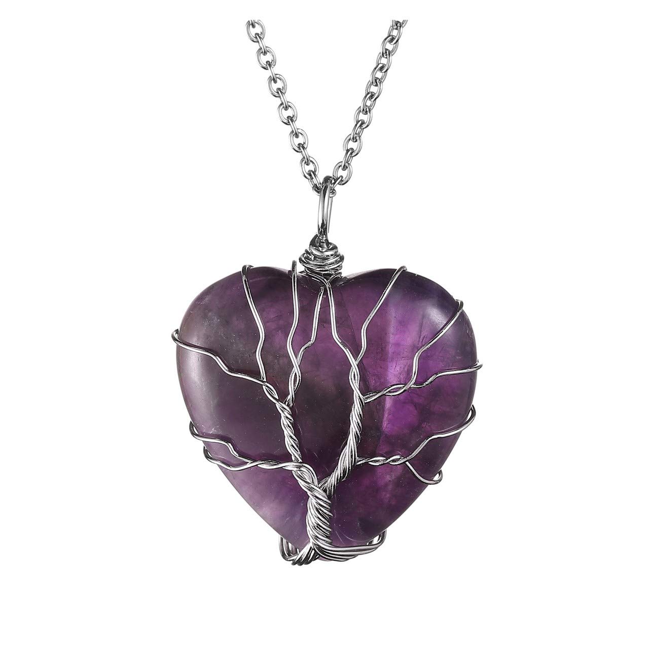 JOVIVI Amethyst Heart Tree of Life Crystal Necklace Women Healing Purple Heart Stone Wire Wrapped Pendant Necklace Amethyst Jewellery Gifts