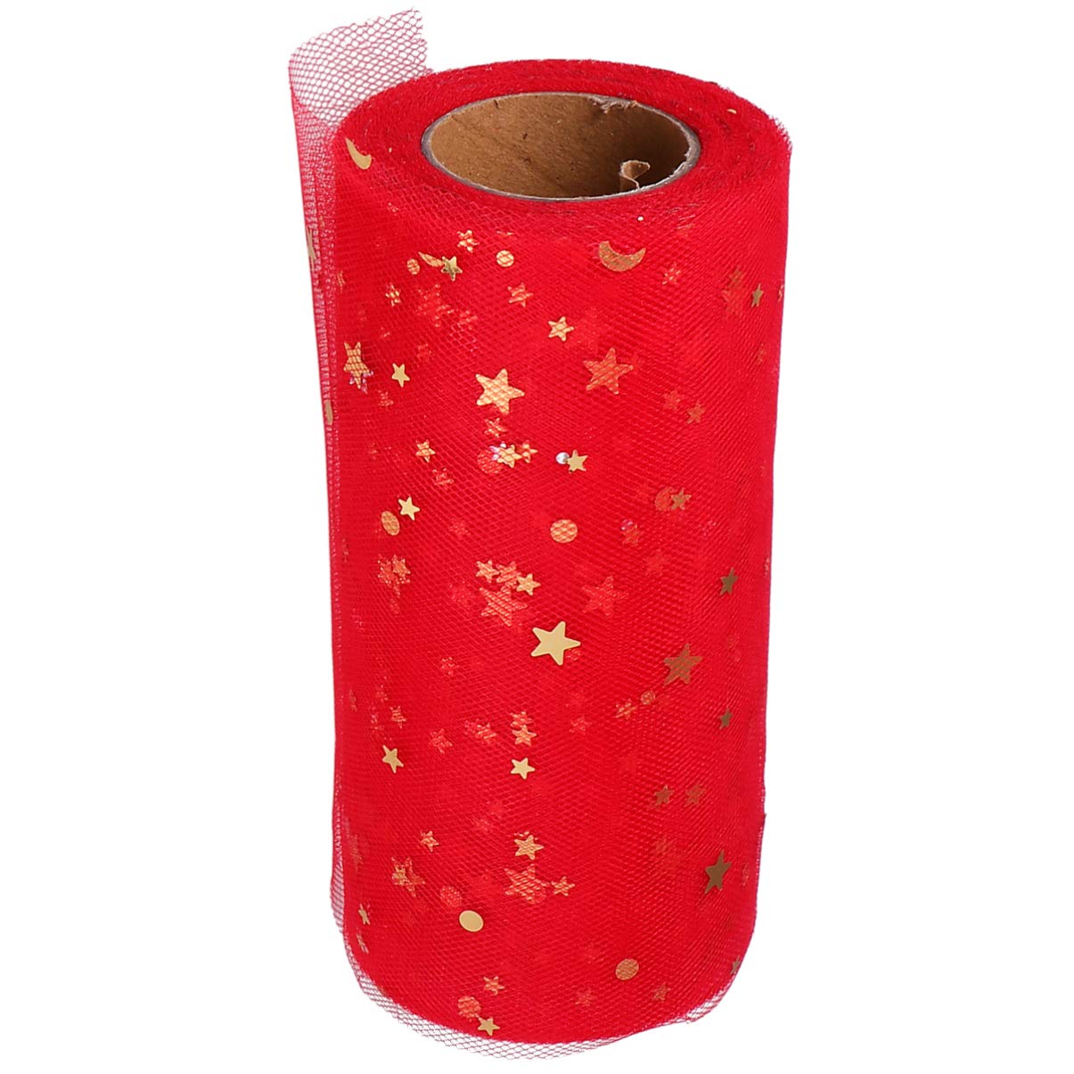 HEALLILY 1 Roll Mesh Ribbon Wide Whimsy Ribbon with Gold Star Moon Sequin DIY Craft Web Ribbon for Gift Wrapping Home Wedding Cake Decoration 2280x15cm (Red)