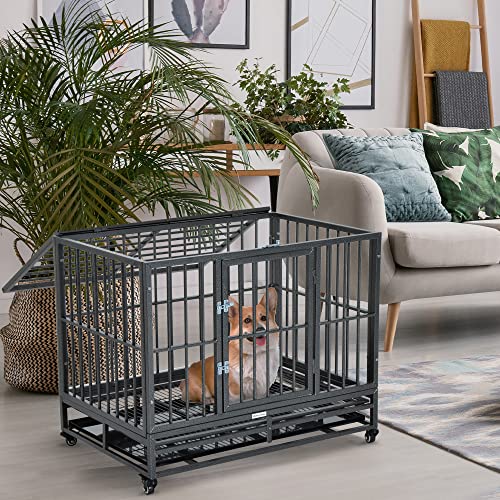 PawHut 36" Heavy Duty Dog Crate Metal Cage Kennel with Lockable Wheels
