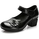 Ephirebra Women's Round Toe Mary Jane Chunky Heels Pumps Comfort Flower Hook and Loop Low Heel Dress Shoes