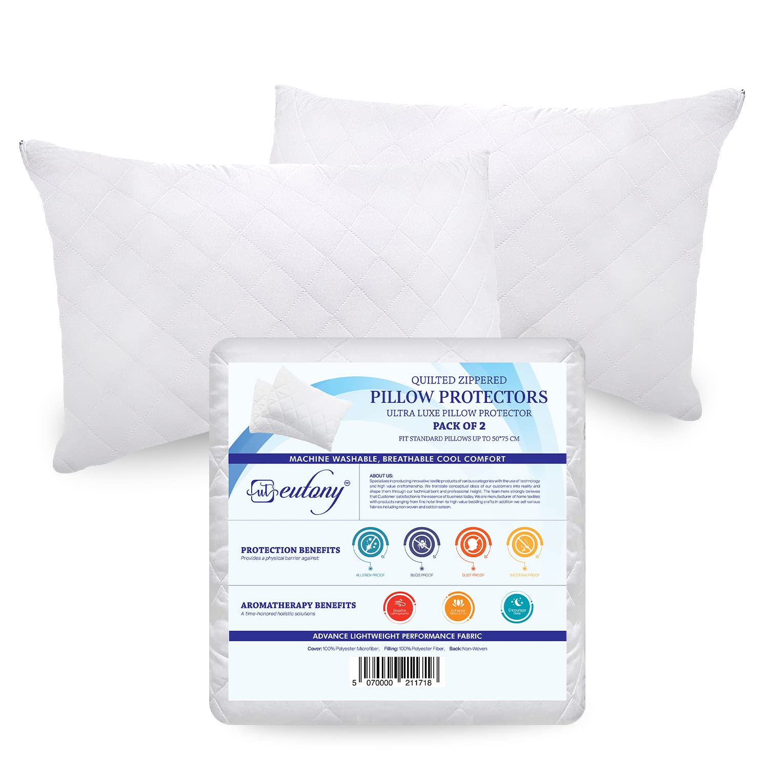 Eutony Quilted Zipped Pillow Protectors 2 Pack - Ultra Luxe, Soft & Breathable Microfiber, Hypoallergenic 50 x 75cm - White