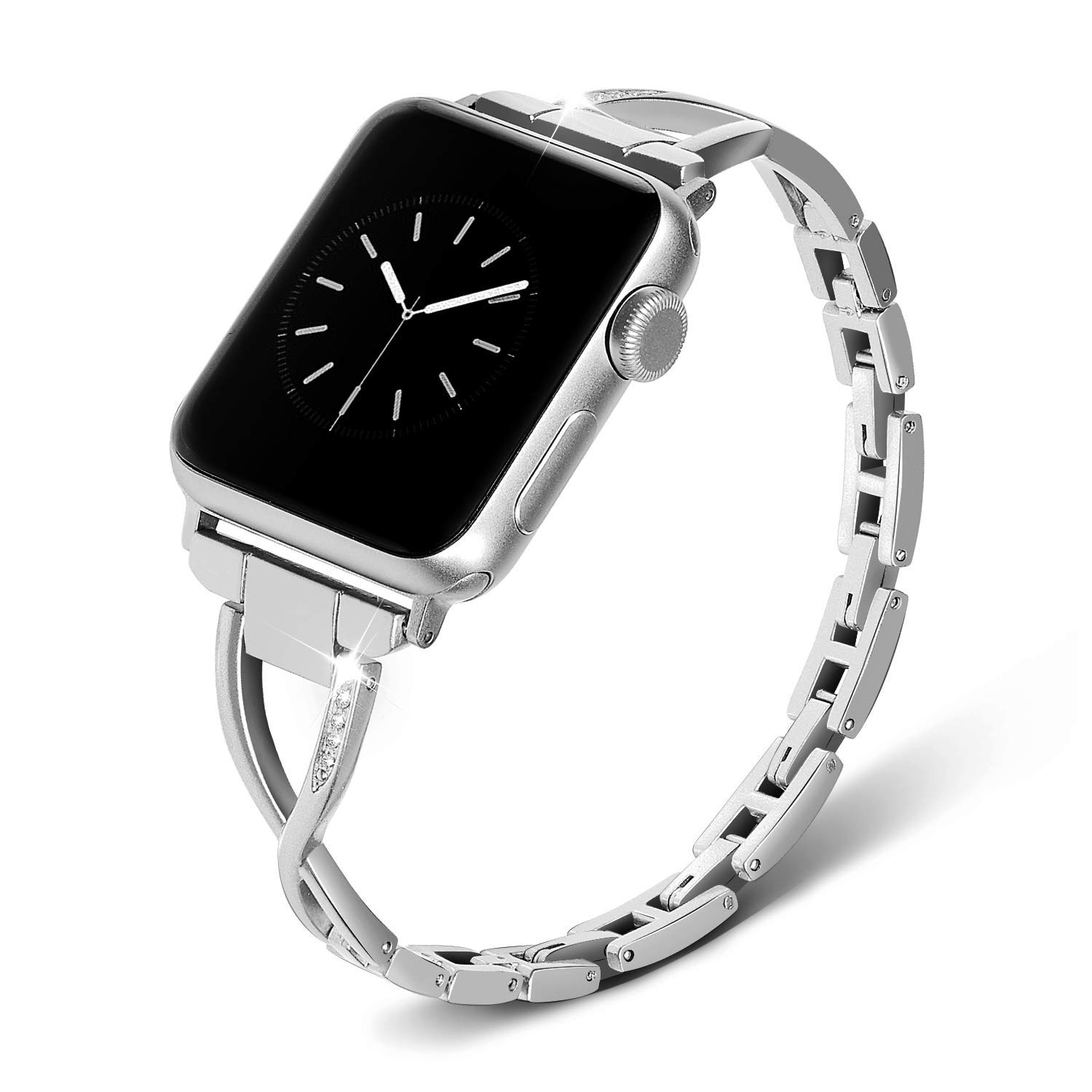 RXXR Women Fashion Smartwatches Straps Compatible with Apple Watch Straps Series 10 42mm, 9/8/7 41mm, 6/SE/SE2/5/4 40mm, 3/2/1 38mm, Silver Bling Diamond Rhinestone Replacement Strap for iWatch โ image 1