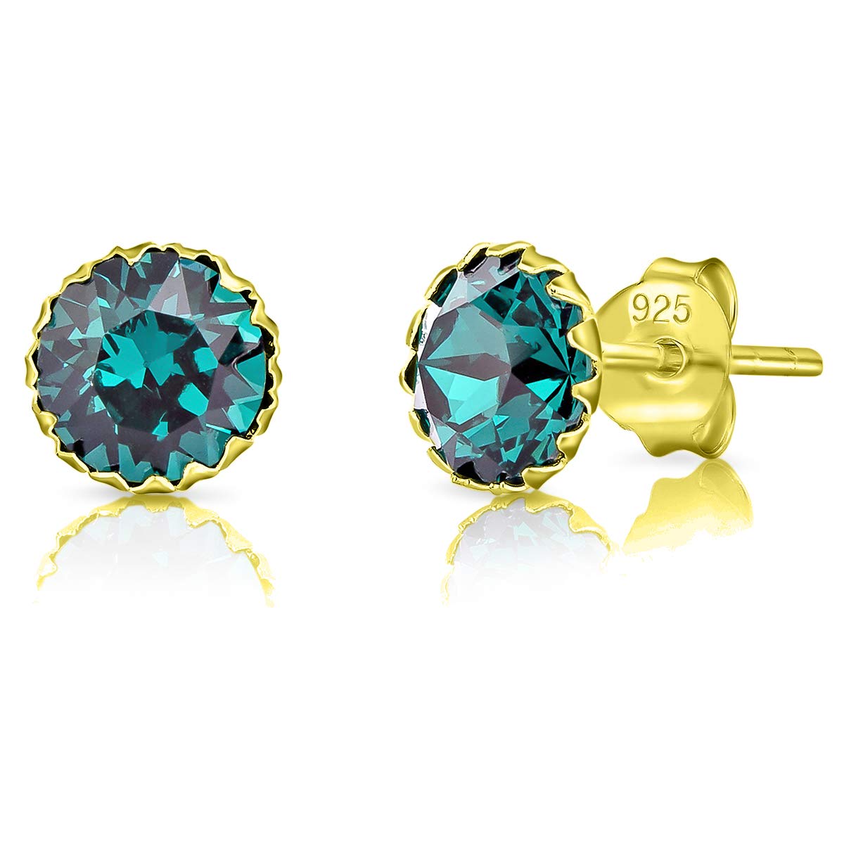 DTPSilver - 925 Sterling Silver Yellow Gold Plated Round Stud Earrings made with Glittering Crystals from Swarovski® Elements - Diameter: 6 mm - Colour : Green Emerald