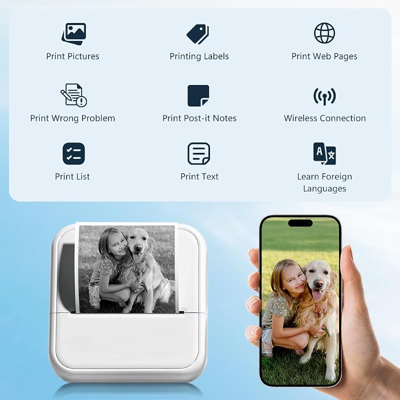 Mini imprimante, imprimante d'autocollants avec 6 rouleaux de papier thermique, imprimantes thermiques de poche portables, imprimantes photo sans encre Bluetooth sans encre avec batterie