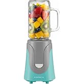OVENTE Retro Personal Blender, 18 Oz Mason Jar, 300W, Turquoise BLH1002T | Stainless Steel Blades, BPA-Free &amp; Dishwasher-Safe Jar, Includes Reusable Straw &amp; Lid, Ideal for Baby Food, Smoothies &amp; More