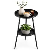 2-Tier Metal Outdoor Side Tables 12.6" Round Black End Tables for Living Room Weather Resistant Patio Side Table for Balcony, Porch &amp; Garden Indoor Accent Table Plant Stands Coffee Tables