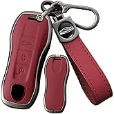 SANRILY Metal & Leather 3 Button Smart Key Fob Cover Case Fit for Porsche Cayenne 2020-2025 Macan Panamera 718 911 Taycan Key Fob Shell Keyless with Keychain Red