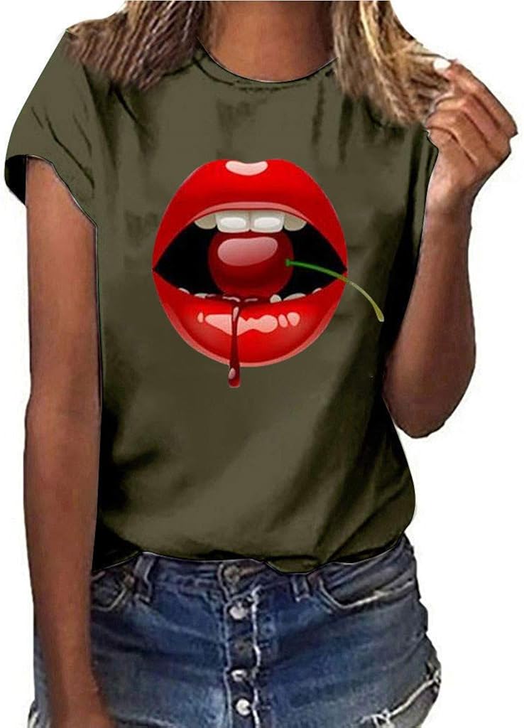 Women Girls Plus Size Lips Print Shirt Short Sleeve T Shirt Blouse Tops