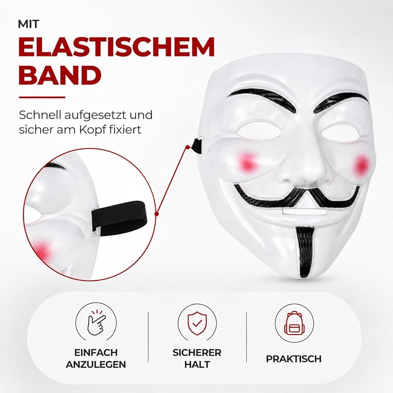 Vendetta Maske als Kostüm Accessoire für Damen & Herren, Kinder & Erwachsene an Anonymous Halloween & Fasching & Karneval — Foto 5 von 8