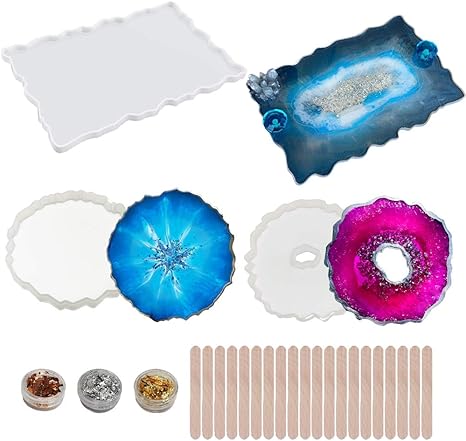 Amazon De Aubbc Grosse Silikonharzformen Epoxidharz Geoden Achatplatte Formen Mit 3 Geoden Achatformen 3 Goldfolienflocken Und 20 Holzstabchen Diy Harzgussformen Fur Heimdekoration