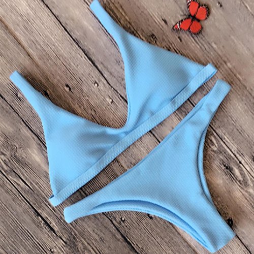 Bikini,Han Shi Women V Neck Solid Push-up Padded Bra Bandage Swimsuit Swimwear Bathing Suits (Blue, L)