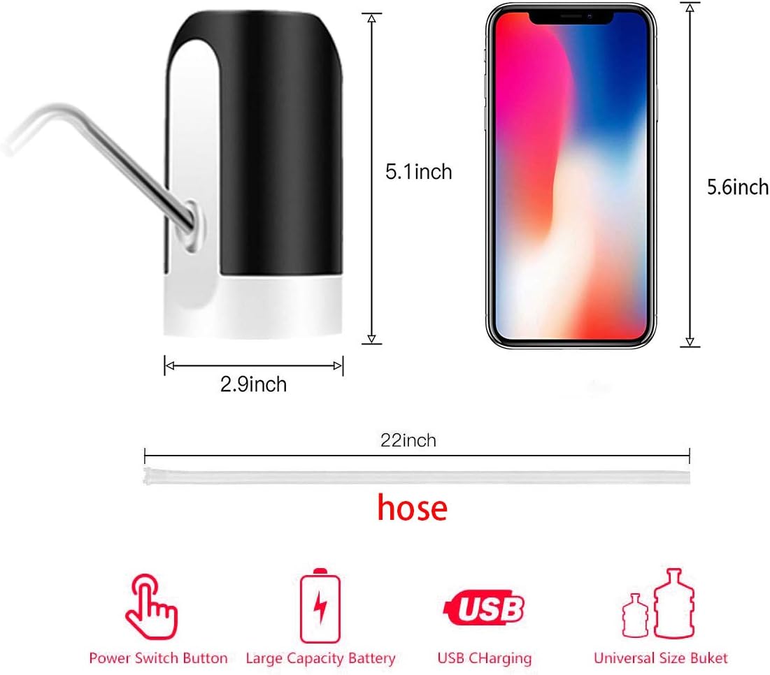 HUAPPNIO Water Bottle Pump Electric Portable USB Charging for 5 Gallon Water Bottle with 1200MAH Battery Powered Black - - 