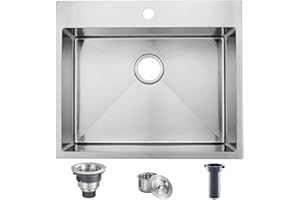 SHACO 25 Inch Drop In Kitchen Sink, Top Mount 16 Gauge 304 Stainless Steel 25x22 Inch Single Bowl Sink, Brushed Nickel Drop In RV Laundry Utility Sink, Topmount Overmount Sinks with Drain