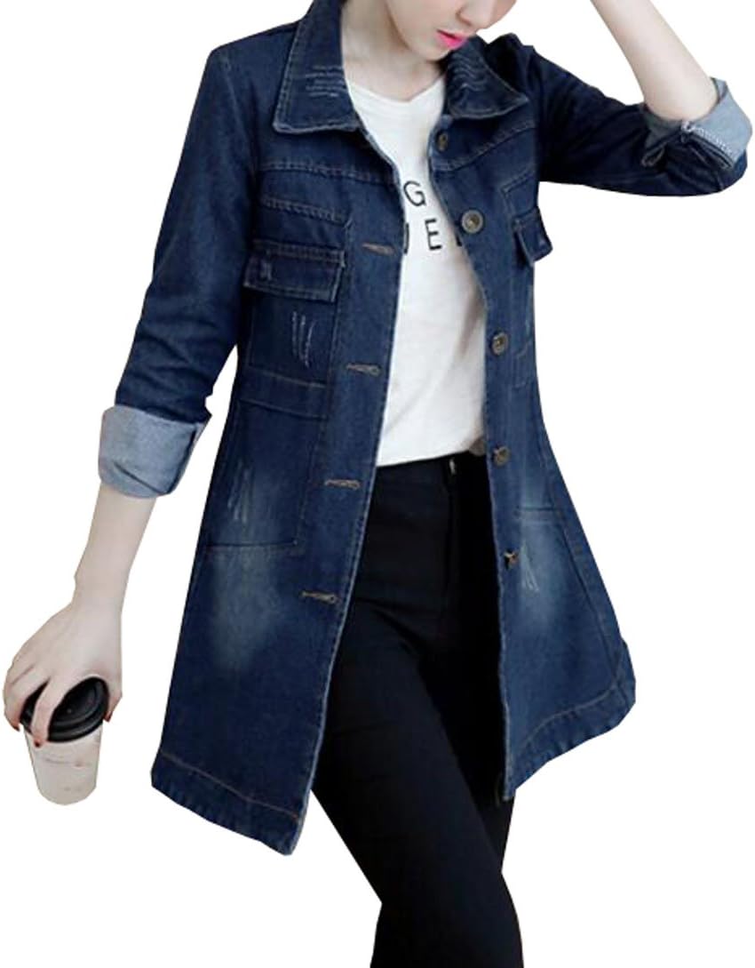 MYtodo Women long cowboy jacket long-sleeved Slim Windbreaker coat