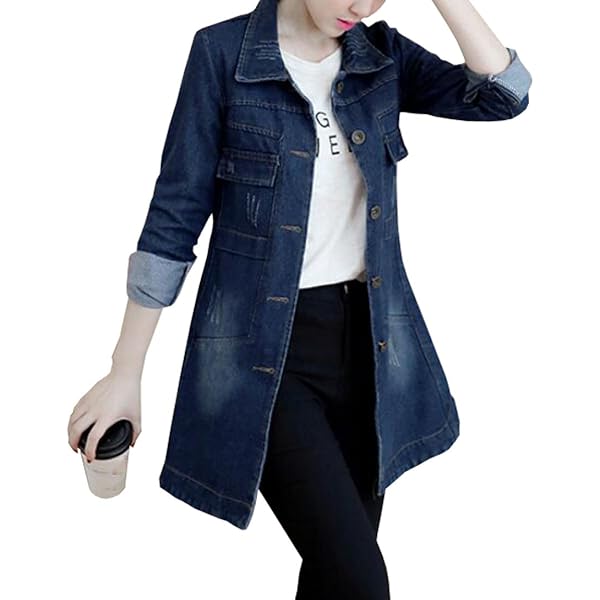 Veste Jean Longue Femme OnaiC - Style Trench Coat - Grandes Tailles - Coupe-vent Demi-saison - Col à Revers