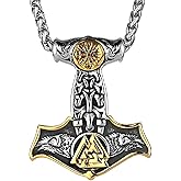 LOBON Viking Thor Hammer Necklace Nordic Vegvisir Valknut Symbol Pendant Stainless Steel Norwegian Amulet Jewelry Gift for Men Women