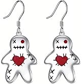 Voodoo Doll Drop Earrings, Dangle Holiday Earrings Red Heart Design, Halloween Gothic Jewelry