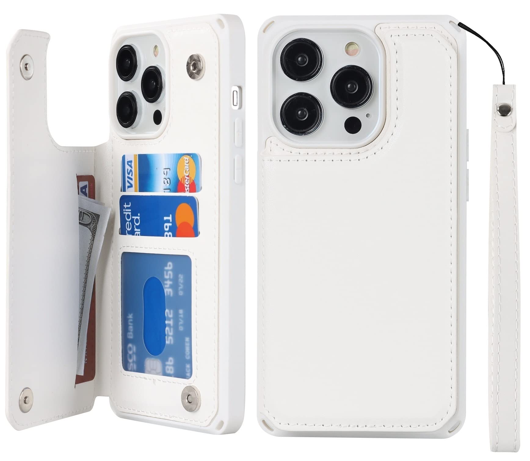 iCoverCase Compatible with iPhone 14 Pro Max Wallet Phone Case with Card Holder for Women, RFID Blocking Embossed PU Leather Wrist Strap Case 6.7 Inch (Macaron White)