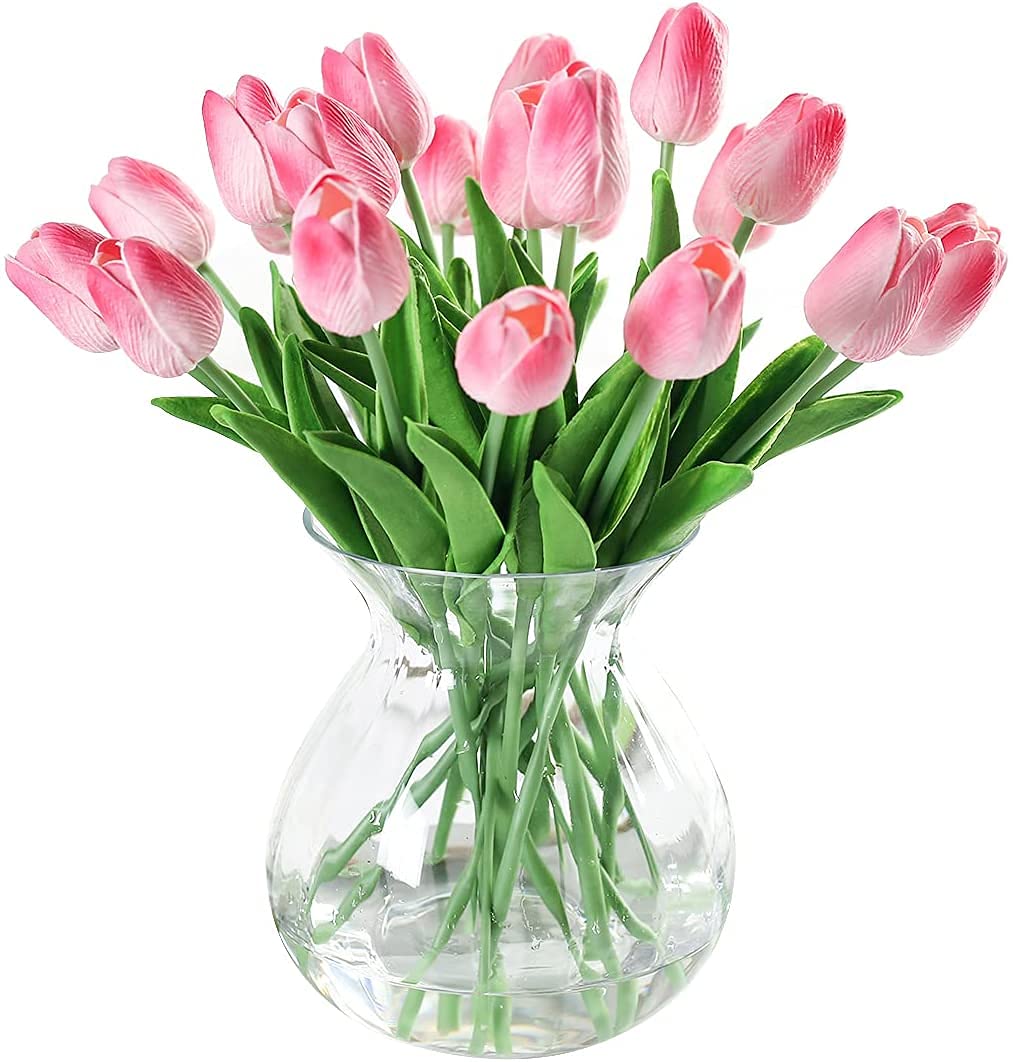 JUSTOYOU 20pcs Real Touch Latex Artificial Tulips Flowers Fake Tulips Flowers Wedding Bouquets for Wedding Home Garden Decoration(Pink)