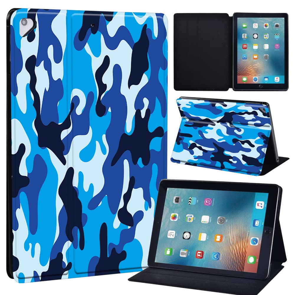 Initial Letter Leather slim lightweight Stand Cover Case for Apple New iPad 9.7 2018 2017(6th Gen, 5th Gen)/iPad Air 2/iPad Air/iPad Pro 9.7 Tablet with Auto Wake/Sleep (blue camouflage)