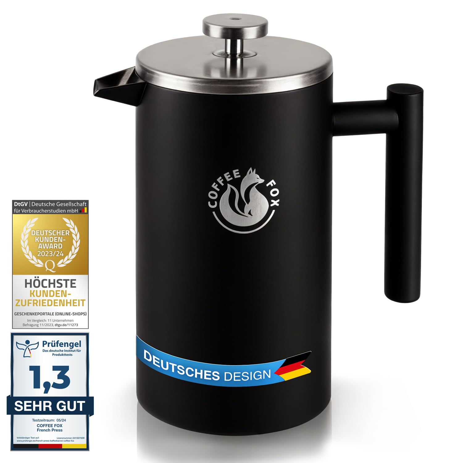 Coffee Fox French Press Double-walled stainless steel coffee pot Black filter jug French coffee press (Black 1000 ml)